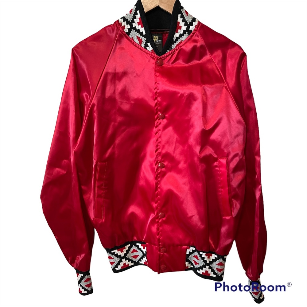 Black Sheep VTG Men's Women's Red Satin Aztec Trim Jacket Coat M Euc
